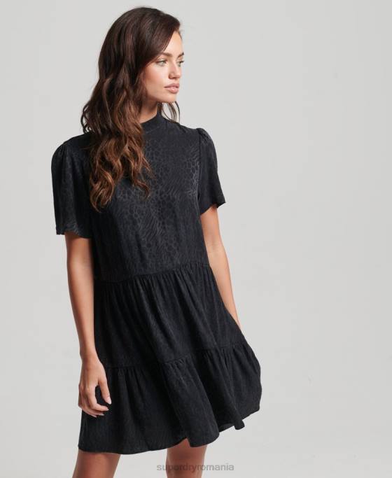 Superdry rochie mini cu maneci scurte cu etaje îmbrăcăminte gri inchis femei JX0Z6720