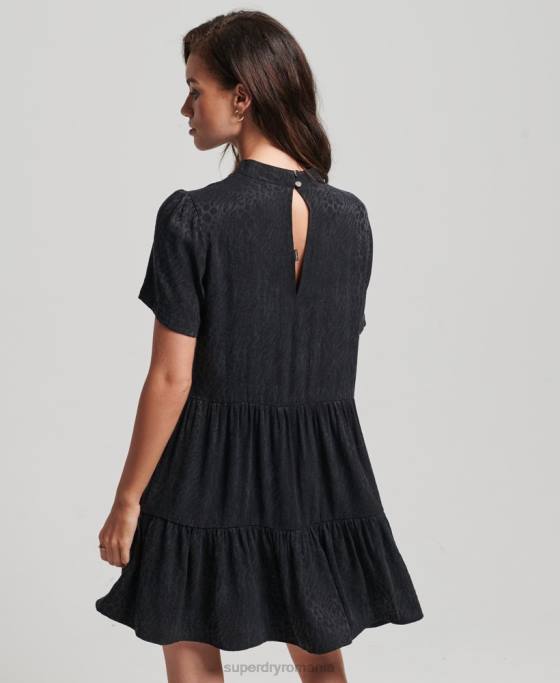 Superdry rochie mini cu maneci scurte cu etaje îmbrăcăminte gri inchis femei JX0Z6720