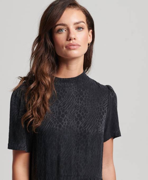 Superdry rochie mini cu maneci scurte cu etaje îmbrăcăminte gri inchis femei JX0Z6720