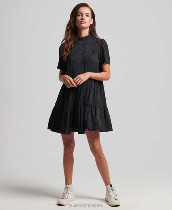 Superdry rochie mini cu maneci scurte cu etaje îmbrăcăminte gri inchis femei JX0Z6720