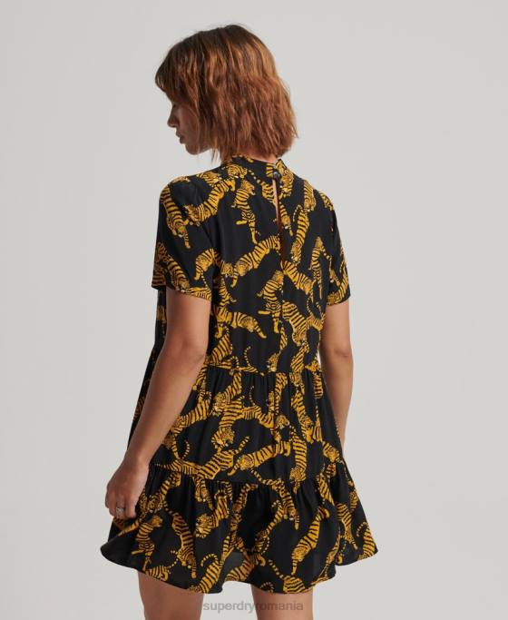 Superdry rochie mini cu maneci scurte cu etaje îmbrăcăminte negru femei JX0Z2531