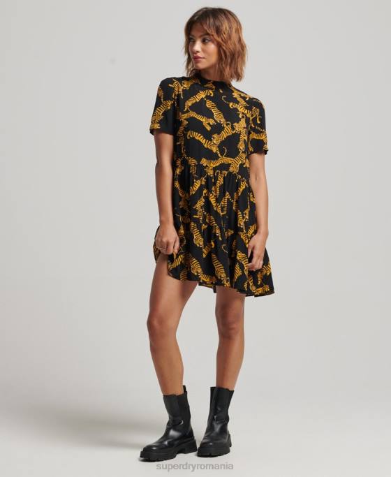Superdry rochie mini cu maneci scurte cu etaje îmbrăcăminte negru femei JX0Z2531