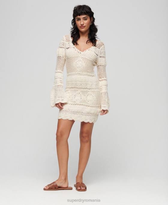 Superdry rochie mini cu mâneci evazate croșetat îmbrăcăminte cremă femei JX0Z1957