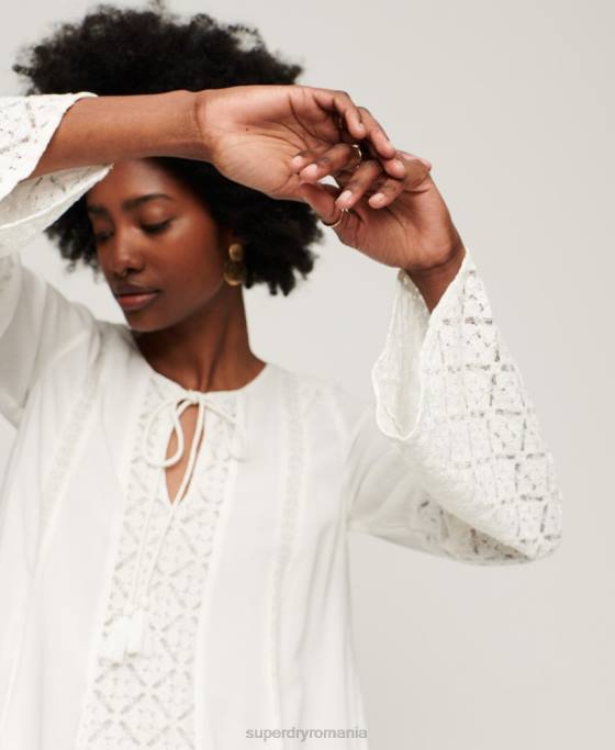 Superdry rochie mini cu mânecă evazată din dantelă îmbrăcăminte cremă femei JX0Z2079