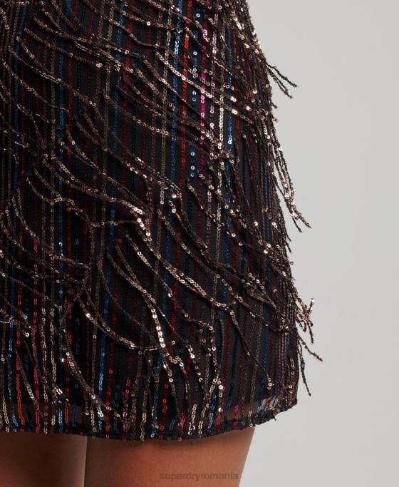 Superdry rochie mini cu paiete cu franjuri îmbrăcăminte negru femei JX0Z2423