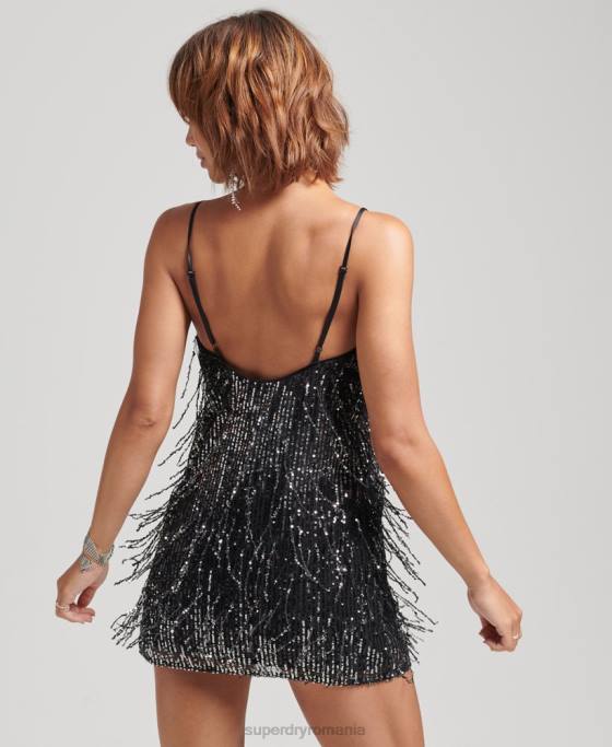 Superdry rochie mini cu paiete cu franjuri îmbrăcăminte negru femei JX0Z2449