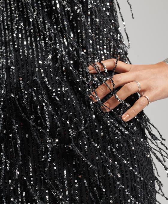 Superdry rochie mini cu paiete cu franjuri îmbrăcăminte negru femei JX0Z2449