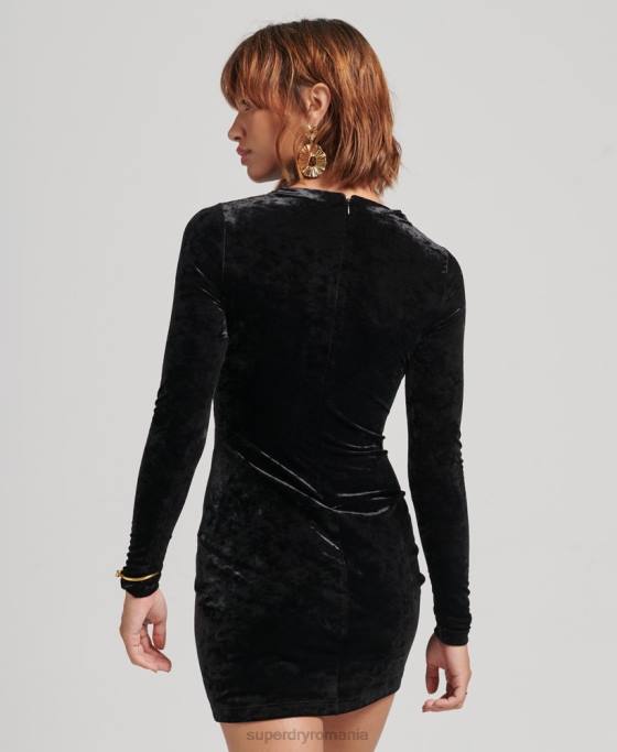 Superdry rochie mini din catifea cu maneca lunga îmbrăcăminte negru femei JX0Z2445