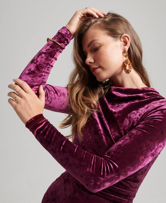 Superdry rochie mini din catifea cu maneca lunga îmbrăcăminte roz femei JX0Z2481