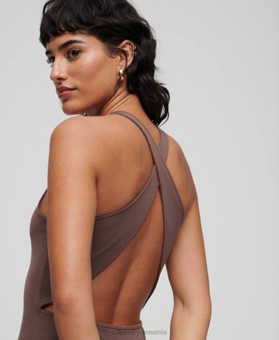 Superdry rochie mini din jerseu cu spatele incrucisat îmbrăcăminte maro femei JX0Z2362
