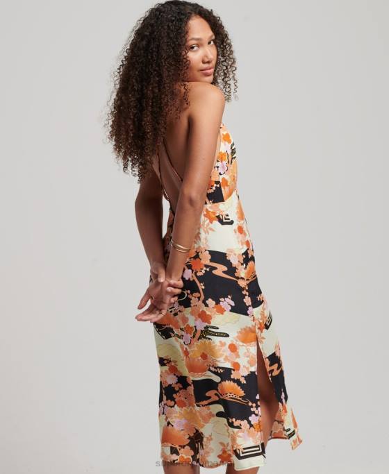 Superdry rochie slip midi cu imprimeu îmbrăcăminte aur femei JX0Z2369