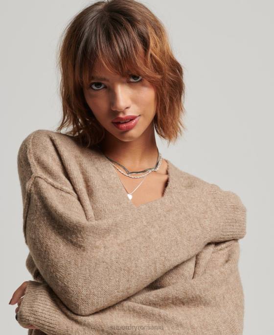 Superdry rochie tricotată cu decolteu în V îmbrăcăminte bej femei JX0Z2421