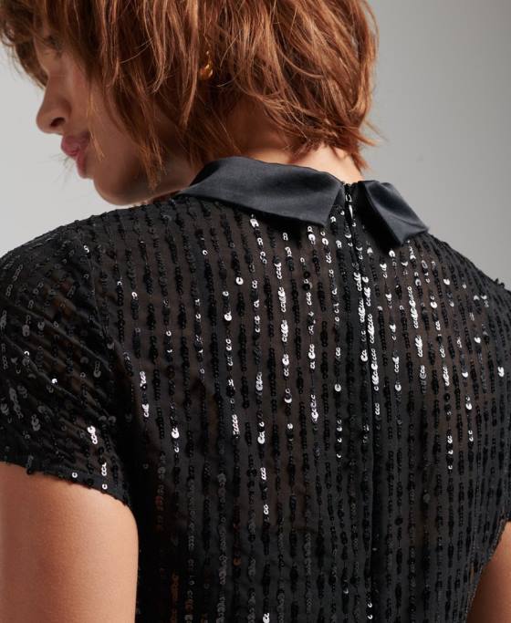 Superdry rochie tricou cu paiete cu guler îmbrăcăminte negru femei JX0Z2497