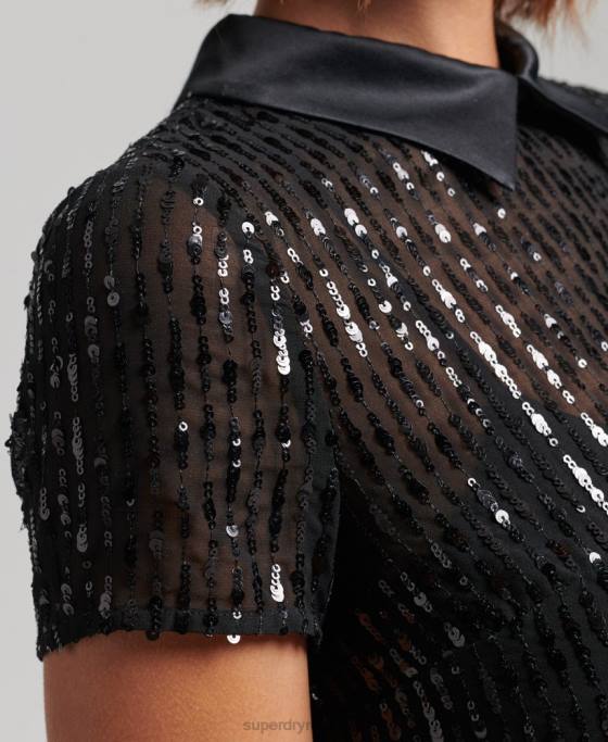Superdry rochie tricou cu paiete cu guler îmbrăcăminte negru femei JX0Z2497