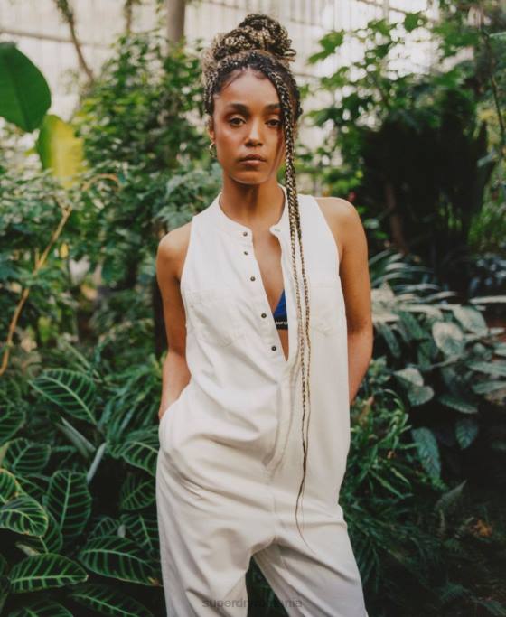 Superdry salopetă fără mâneci din tencel îmbrăcăminte alb femei JX0Z4105