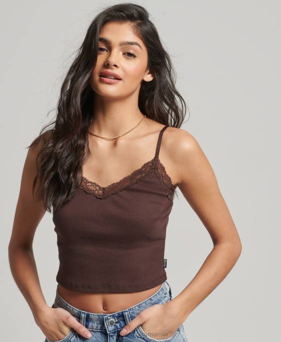 Superdry top cami cu dantelă din coastă îmbrăcăminte maro femei JX0Z2326