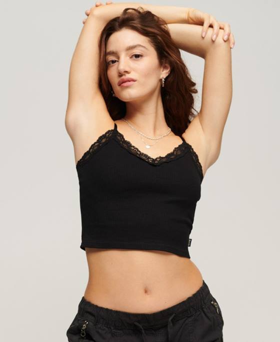 Superdry top cami cu dantelă din coastă îmbrăcăminte negru femei JX0Z2098