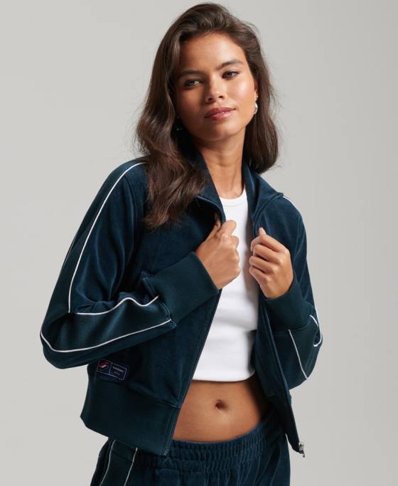 Superdry top cu logo-ul codului din velur îmbrăcăminte albastru inchis femei JX0Z6106