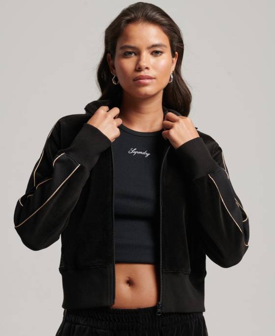 Superdry top cu logo-ul codului din velur îmbrăcăminte negru femei JX0Z6091