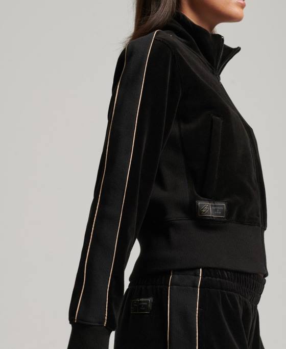 Superdry top cu logo-ul codului din velur îmbrăcăminte negru femei JX0Z6091