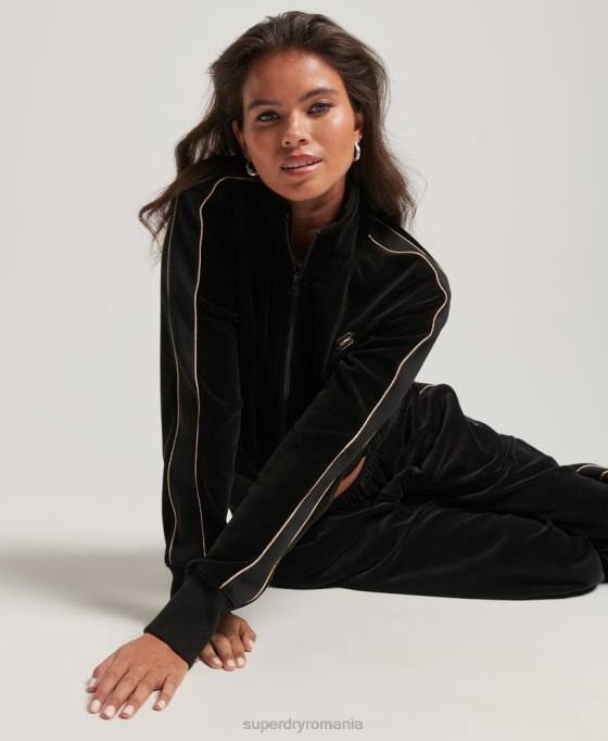 Superdry top cu logo-ul codului din velur îmbrăcăminte negru femei JX0Z6091