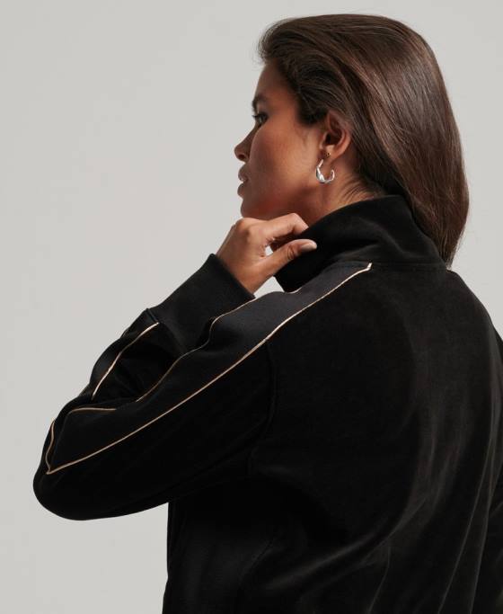 Superdry top cu logo-ul codului din velur îmbrăcăminte negru femei JX0Z6091