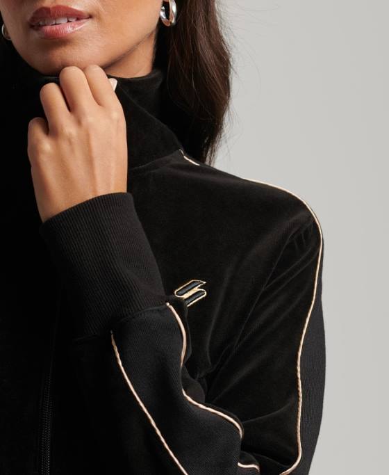 Superdry top cu logo-ul codului din velur îmbrăcăminte negru femei JX0Z6091