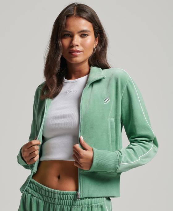 Superdry top cu logo-ul codului din velur îmbrăcăminte verde femei JX0Z6069