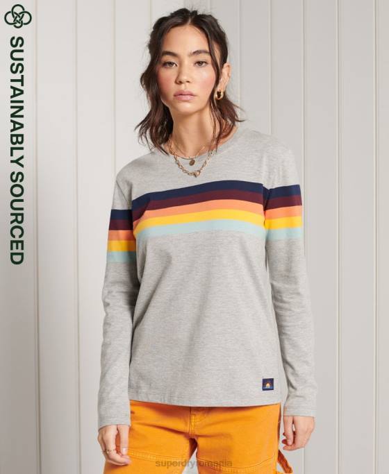 Superdry top cu mâneci lungi cu dungi cali din bumbac organic îmbrăcăminte gri deschis femei JX0Z6781