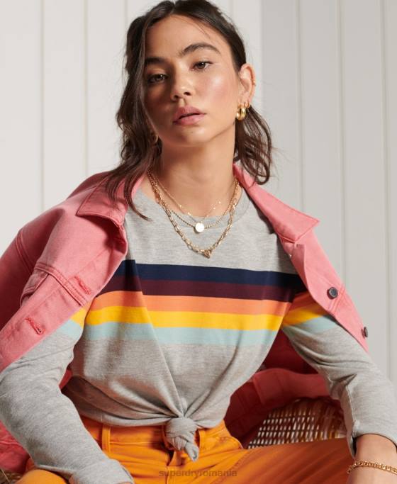 Superdry top cu mâneci lungi cu dungi cali din bumbac organic îmbrăcăminte gri deschis femei JX0Z6781