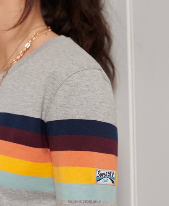 Superdry top cu mâneci lungi cu dungi cali din bumbac organic îmbrăcăminte gri deschis femei JX0Z6781