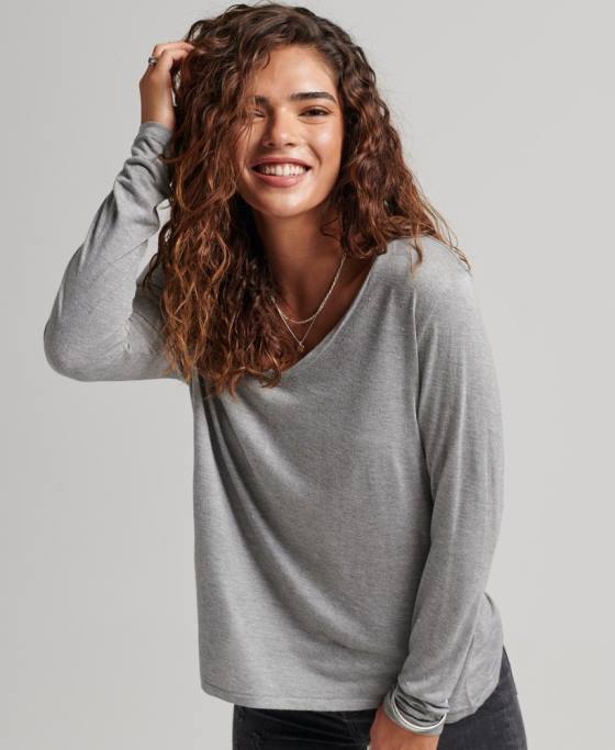 Superdry top cu mânecă lungă cu decolteu în V îmbrăcăminte gri femei JX0Z6736