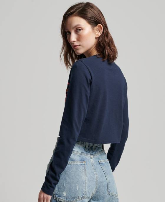 Superdry top cu mânecă lungă cu dungi vintage din bumbac organic îmbrăcăminte marina femei JX0Z2970