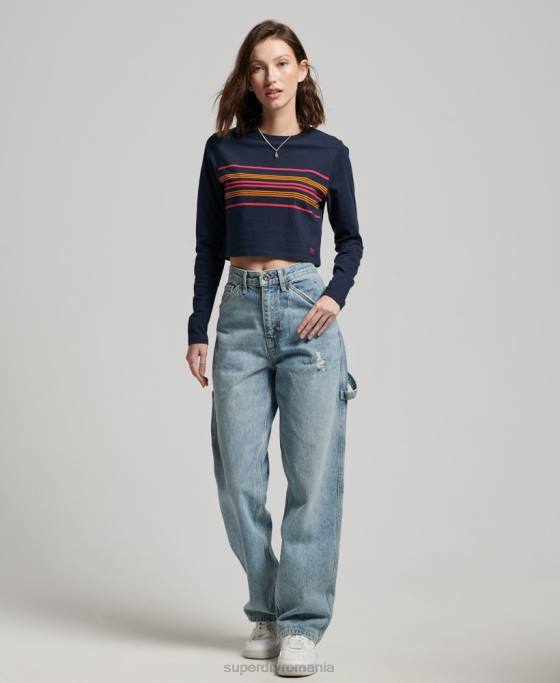Superdry top cu mânecă lungă cu dungi vintage din bumbac organic îmbrăcăminte marina femei JX0Z2970