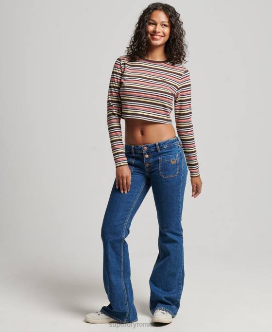 Superdry top cu mânecă lungă cu dungi vintage din bumbac organic îmbrăcăminte maro femei JX0Z2948