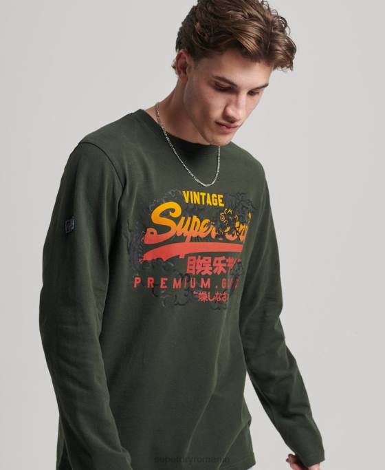 Superdry top cu mânecă lungă cu logo narativ vintage îmbrăcăminte verde bărbați JX0Z1563