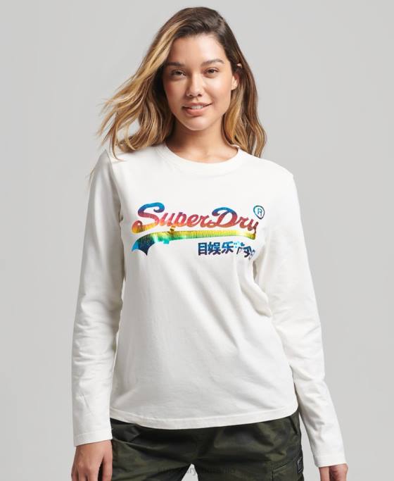 Superdry top cu mânecă lungă cu logo vintage curcubeu îmbrăcăminte alb femei JX0Z3070