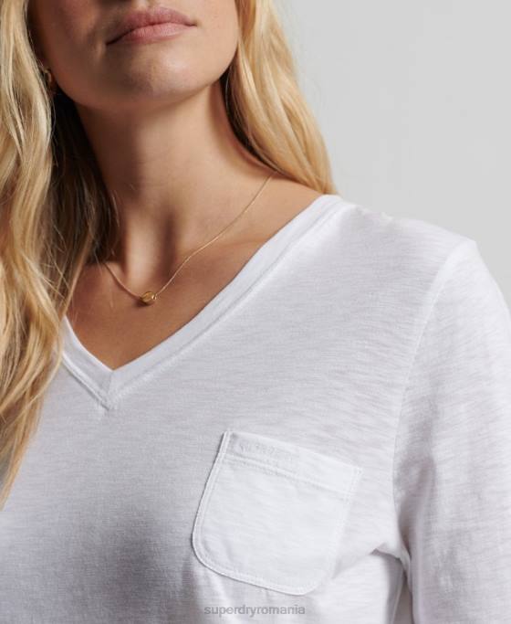 Superdry top cu mânecă lungă din bumbac organic cu decolteu în V îmbrăcăminte alb femei JX0Z6556