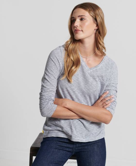 Superdry top cu mânecă lungă din bumbac organic cu decolteu în V îmbrăcăminte alb femei JX0Z6583