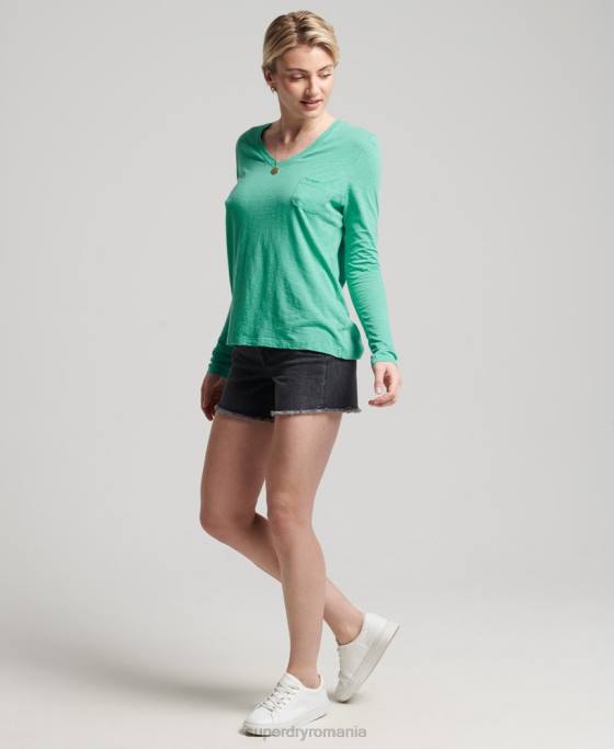 Superdry top cu mânecă lungă din bumbac organic cu decolteu în V îmbrăcăminte albastru deschis femei JX0Z6595