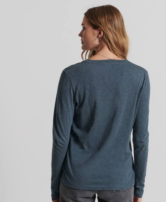 Superdry top cu mânecă lungă din bumbac organic cu decolteu în V îmbrăcăminte albastru femei JX0Z6645