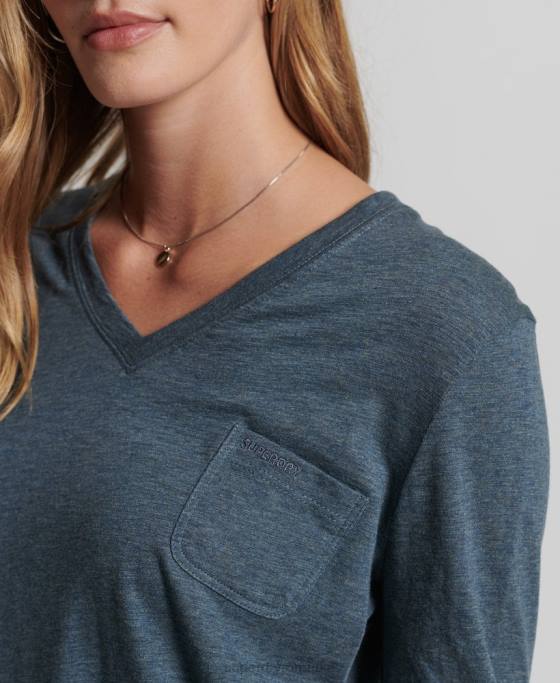 Superdry top cu mânecă lungă din bumbac organic cu decolteu în V îmbrăcăminte albastru femei JX0Z6645
