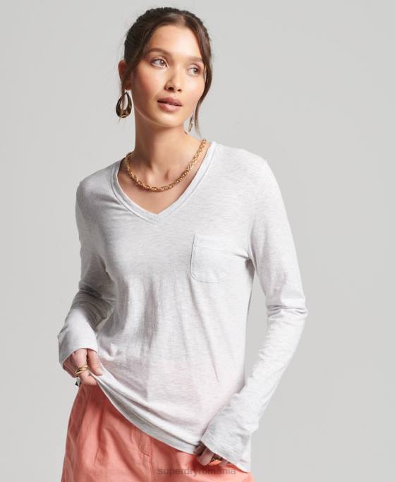 Superdry top cu mânecă lungă din bumbac organic cu decolteu în V îmbrăcăminte gri deschis femei JX0Z6510