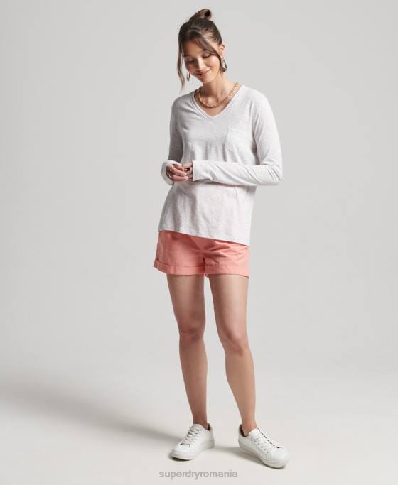 Superdry top cu mânecă lungă din bumbac organic cu decolteu în V îmbrăcăminte gri deschis femei JX0Z6510