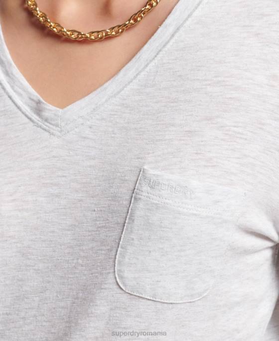 Superdry top cu mânecă lungă din bumbac organic cu decolteu în V îmbrăcăminte gri deschis femei JX0Z6510