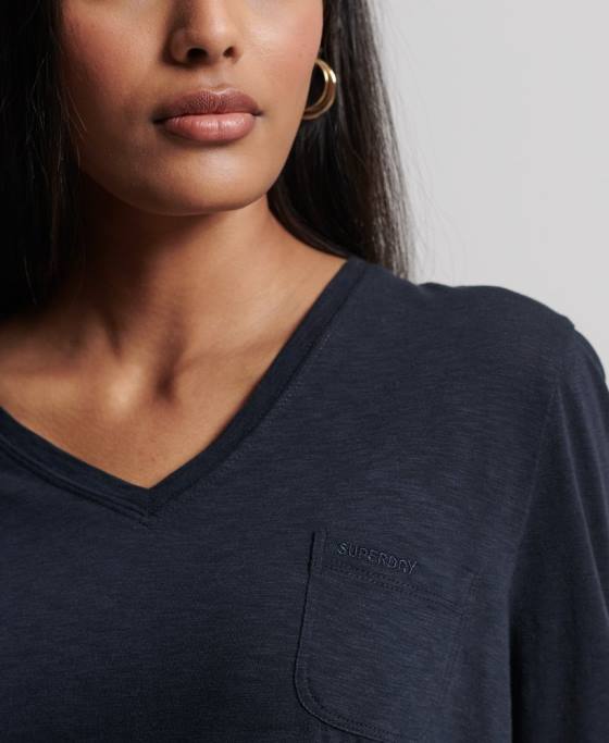 Superdry top cu mânecă lungă din bumbac organic cu decolteu în V îmbrăcăminte marina femei JX0Z6547