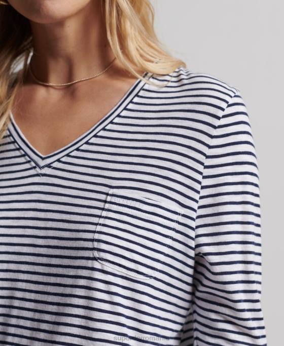 Superdry top cu mânecă lungă din bumbac organic cu decolteu în V îmbrăcăminte marina femei JX0Z6570
