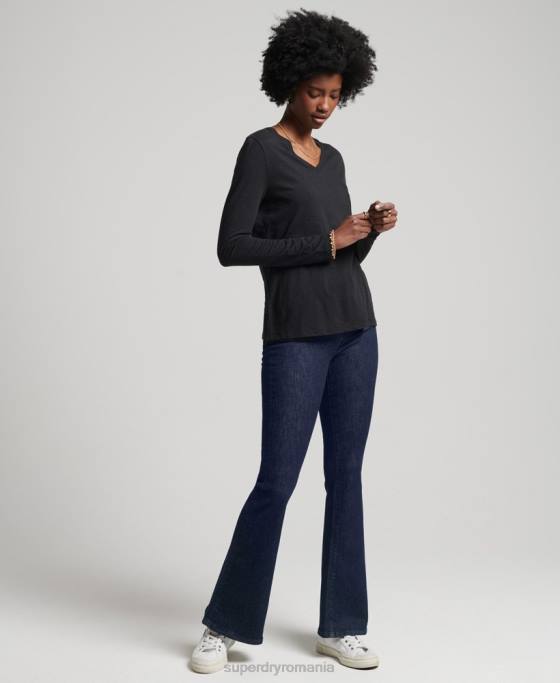 Superdry top cu mânecă lungă din bumbac organic cu decolteu în V îmbrăcăminte negru femei JX0Z6562