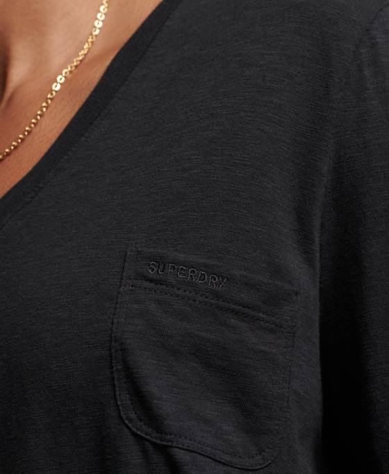 Superdry top cu mânecă lungă din bumbac organic cu decolteu în V îmbrăcăminte negru femei JX0Z6562
