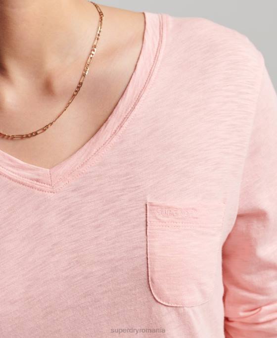 Superdry top cu mânecă lungă din bumbac organic cu decolteu în V îmbrăcăminte roz femei JX0Z6552